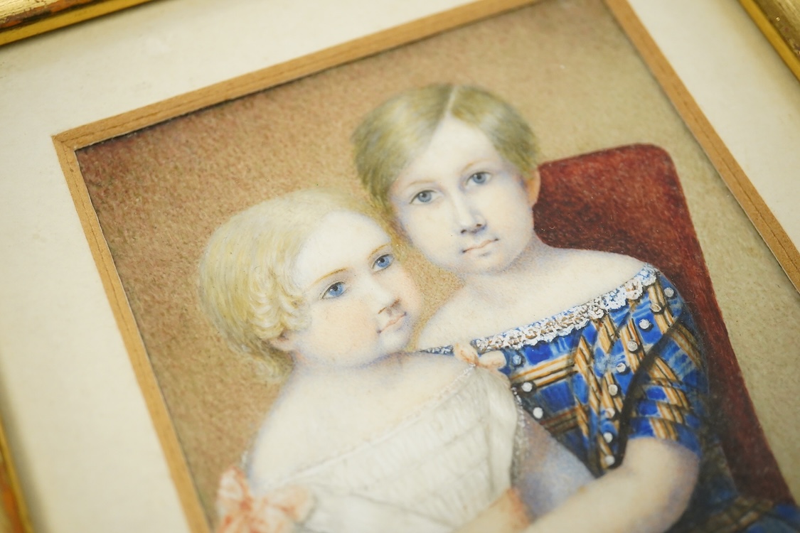 Early 19th century School, Portrait miniature of two seated young children, watercolour on ivory, 10 x 8cm, framed , CITES Submission reference SQ1G9CEP